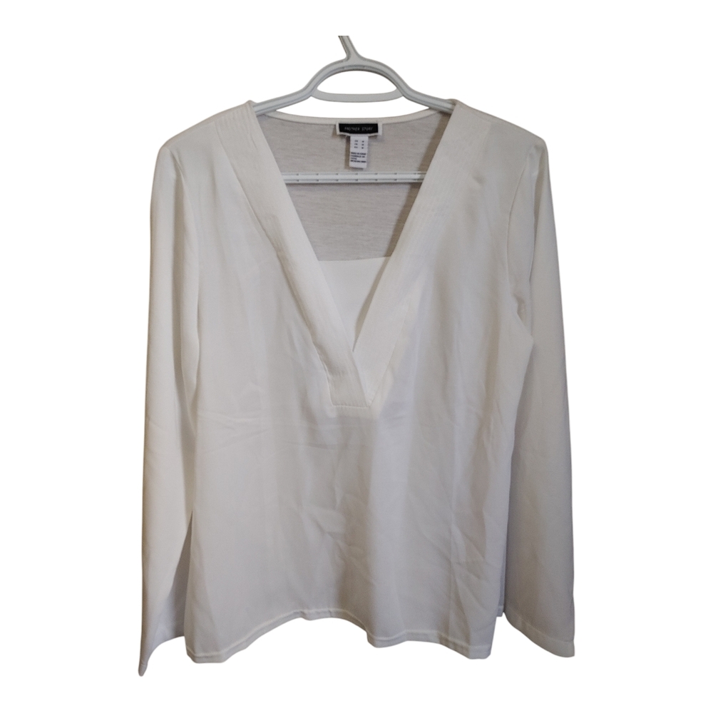White long sleeve blouse with plunge v-neck relaxed fit